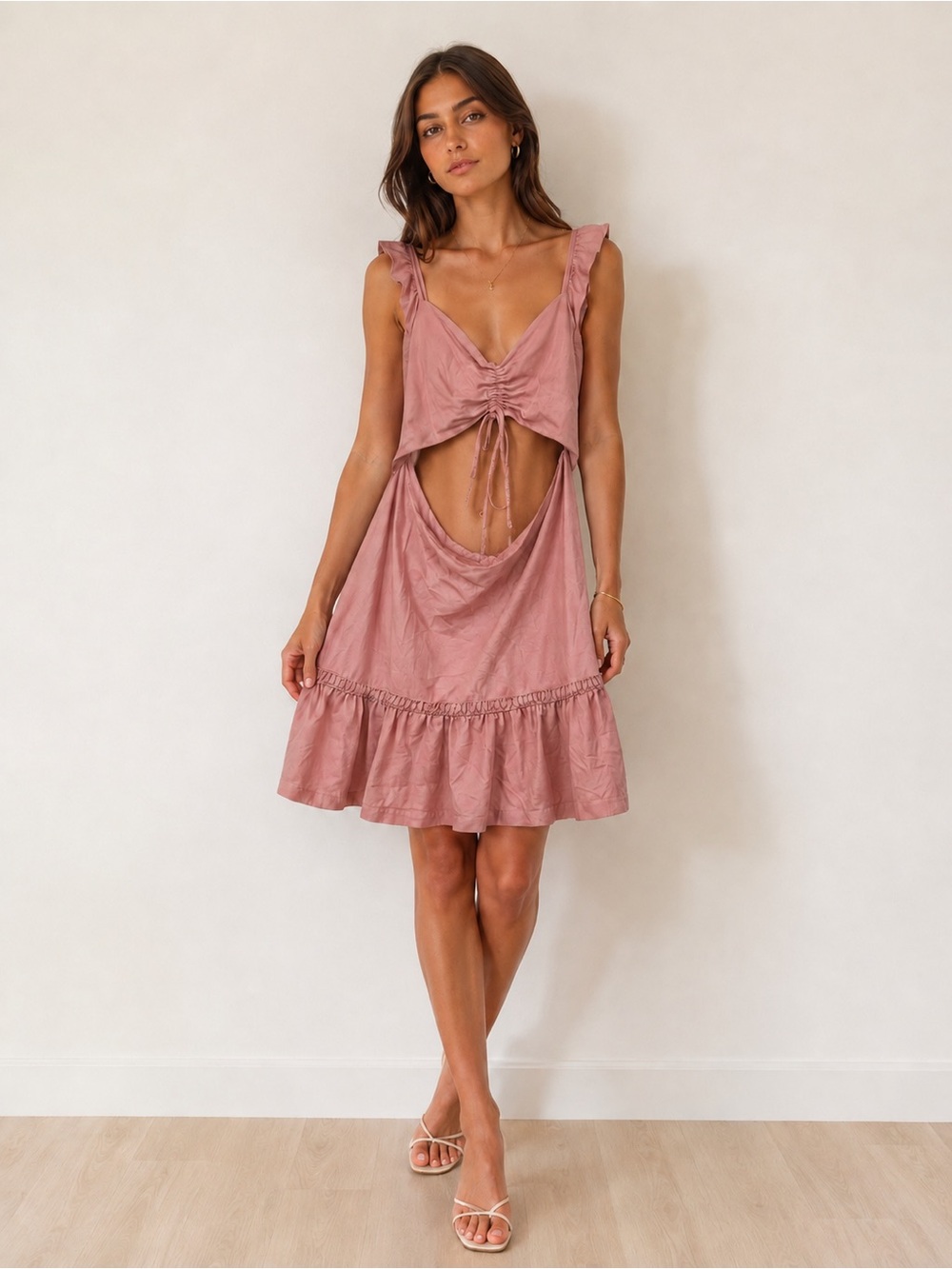 ASOS DESIGN Blush Pink Knee Length Ruffle Strap Dress US 14